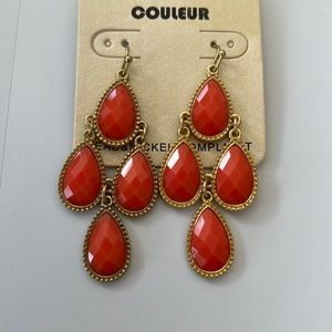 Coral and Gold Pear Shape Dangle Earrings